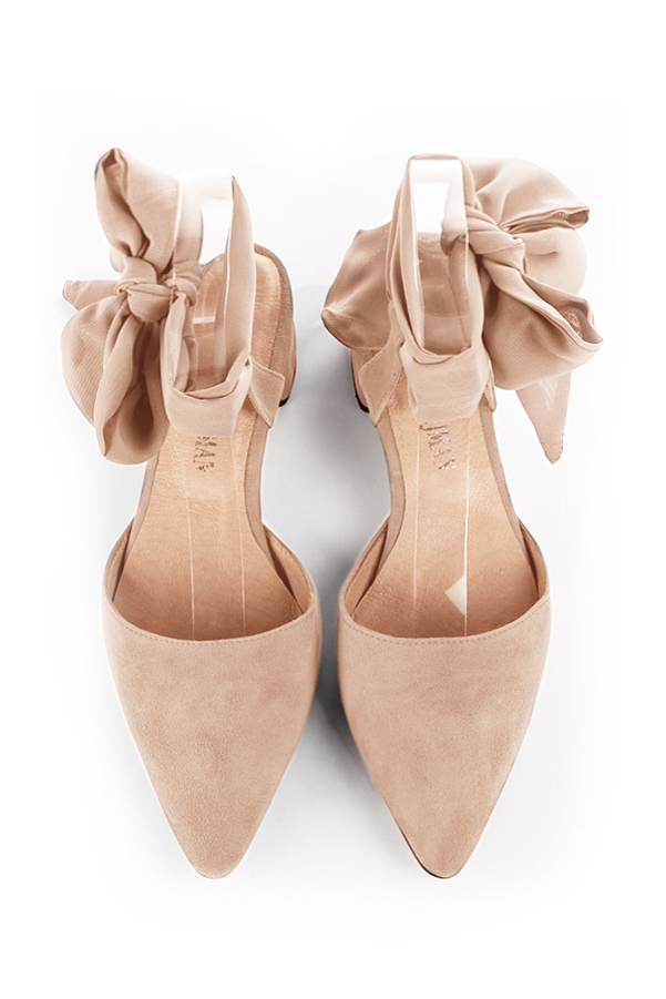 Powder pink women's open back shoes, with an ankle scarf. Tapered toe. Low flare heels. Top view - Florence KOOIJMAN